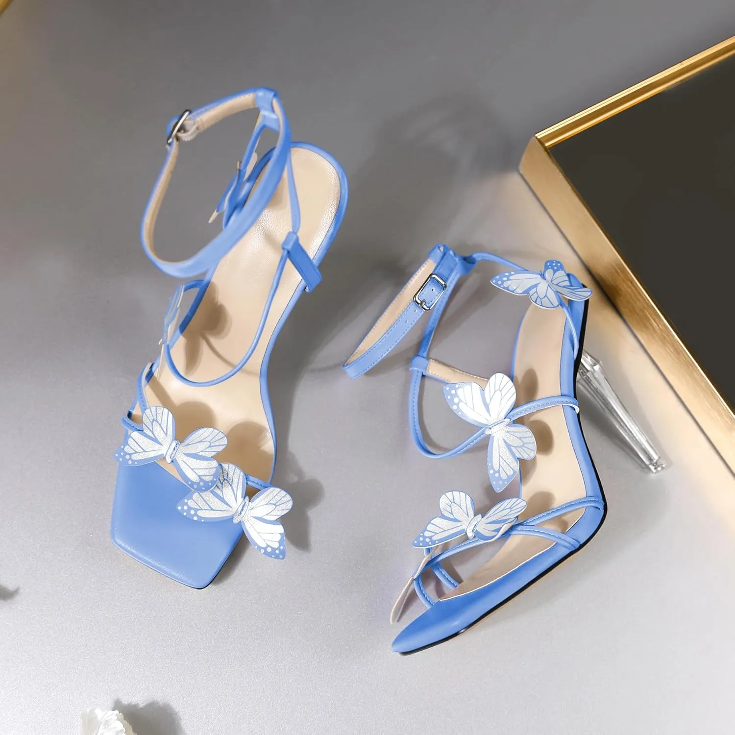 Zamikoo Open Toe Ankle Strap High Heels for Women, Square Toe Butterfly Heeled Sandals, Strappy Clear Stiletto Butterfly Heels 4 Incheses