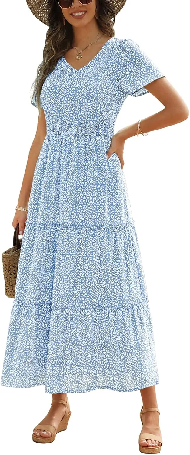 Zattcas Womens 2025 Long Summer Dress Short Flutter Sleeve V Neck Casual Smocked Tiered Modest Floral Boho Maxi Dress