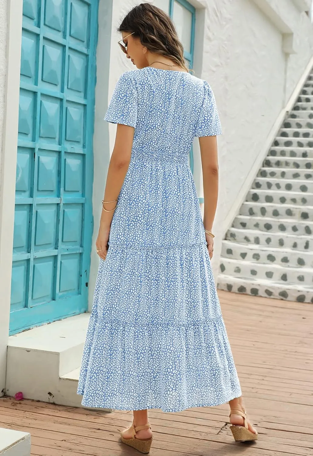 Zattcas Womens 2025 Long Summer Dress Short Flutter Sleeve V Neck Casual Smocked Tiered Modest Floral Boho Maxi Dress