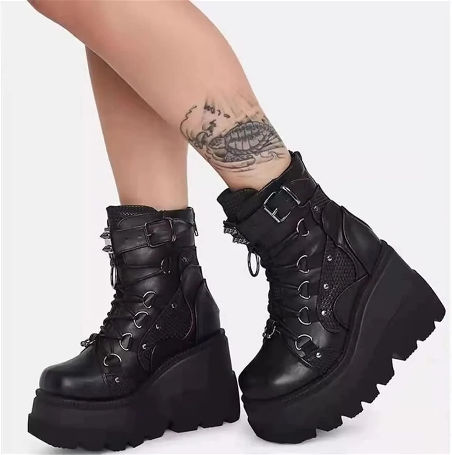 ZHOUYF Women's Combat Ankle Boots Fashion Round Toe Chunky Platform Wedge Knight Boots Lace-up Zip High Heel Punk Booties Motorcycle Mid Calf Boots for Women