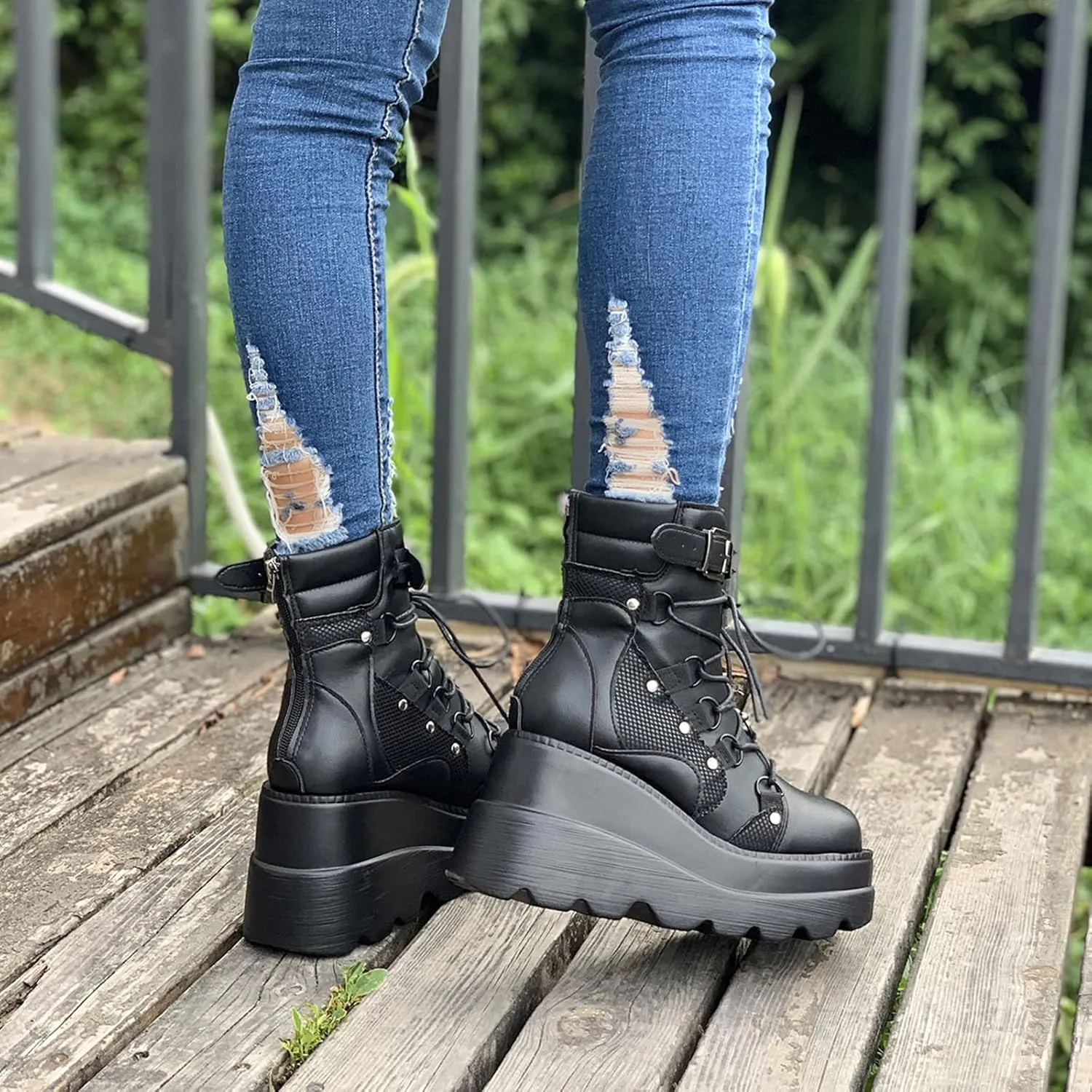 ZHOUYF Women's Combat Ankle Boots Fashion Round Toe Chunky Platform Wedge Knight Boots Lace-up Zip High Heel Punk Booties Motorcycle Mid Calf Boots for Women