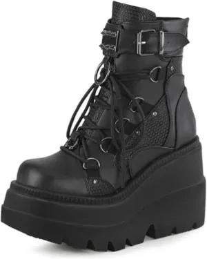 ZHOUYF Women's Combat Ankle Boots Fashion Round Toe Chunky Platform Wedge Knight Boots Lace-up Zip High Heel Punk Booties Motorcycle Mid Calf Boots for Women