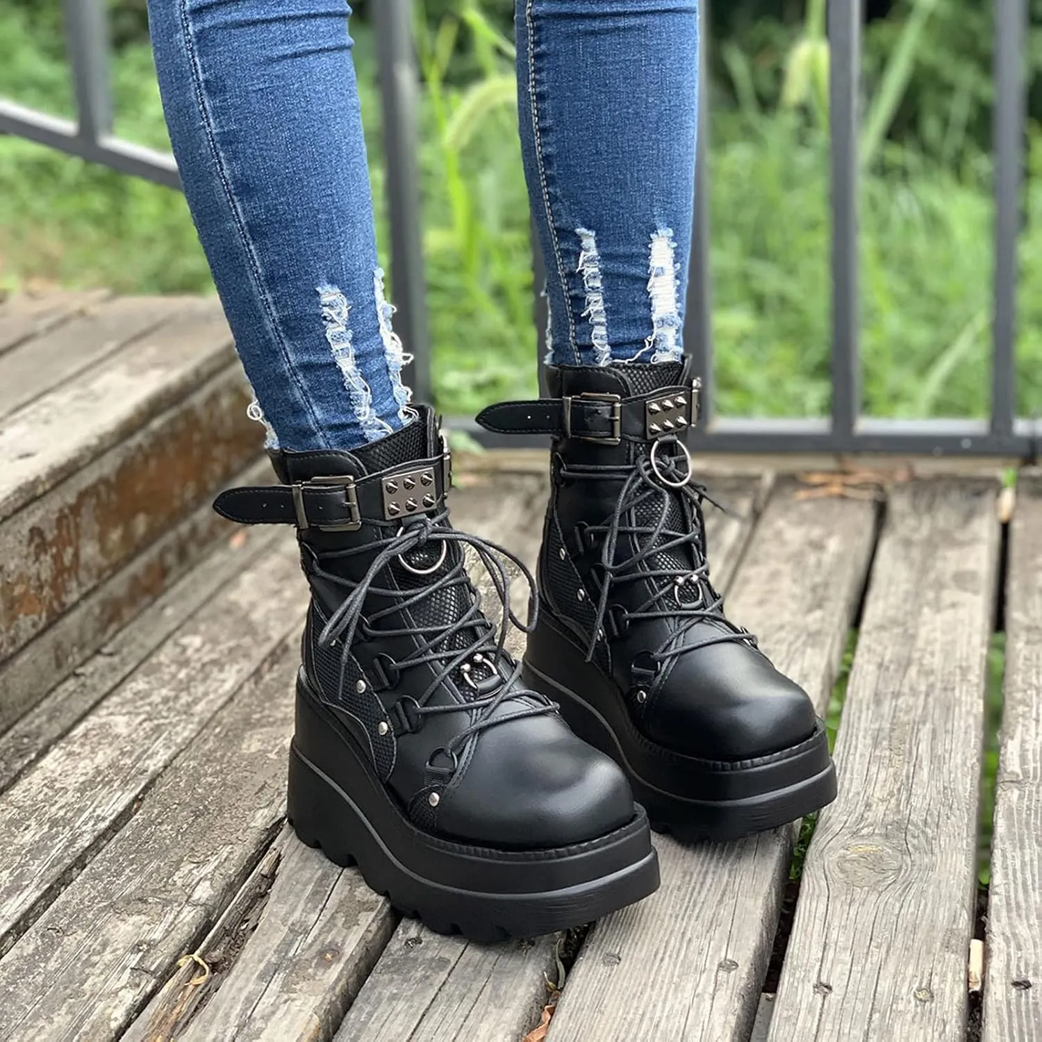 ZHOUYF Women's Combat Ankle Boots Fashion Round Toe Chunky Platform Wedge Knight Boots Lace-up Zip High Heel Punk Booties Motorcycle Mid Calf Boots for Women