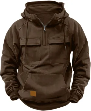 Zip Up Hoodie for Men Long Sleeve Cargo Hooded Sweatshirts Drawstring Quarter Zip Workout Gym Athletic Pullover Shirt