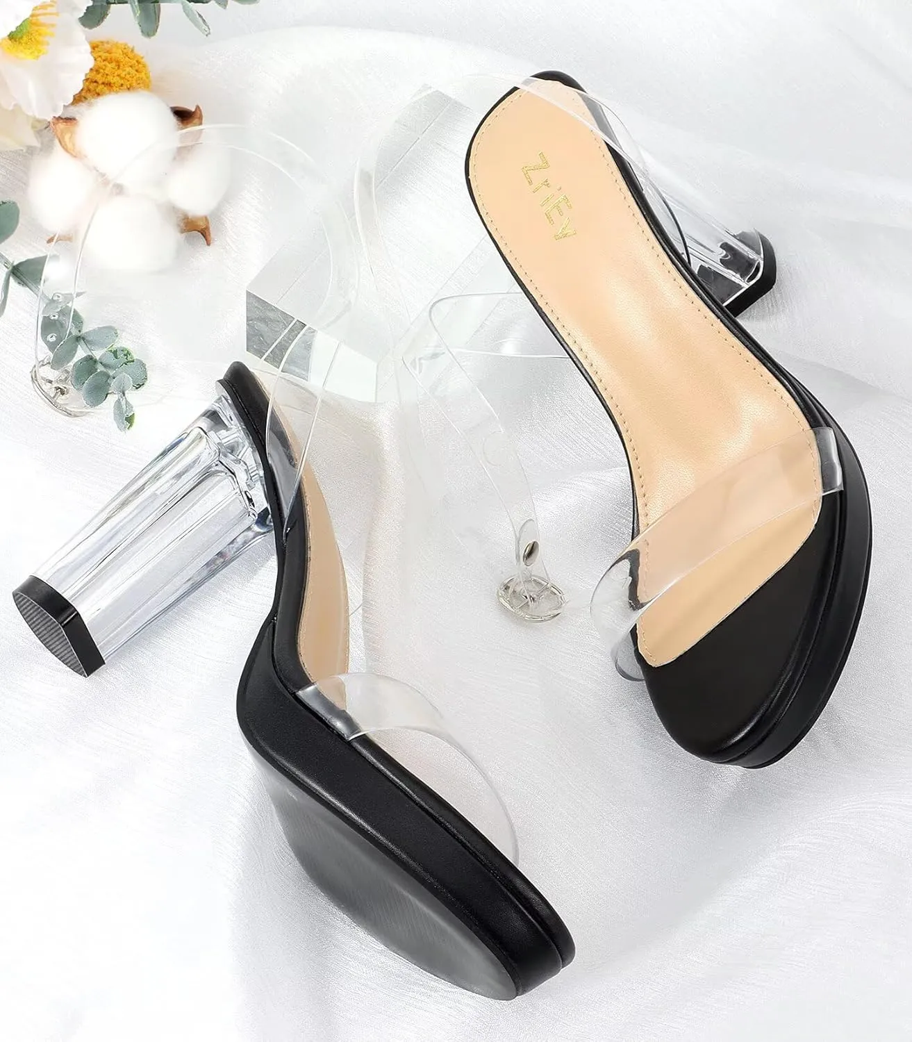 ZriEy 4-Inch Platform Clear High Heels for Women Block Chunky Heeled Sandals Open Toe Ankle Strap Heels Wedding Party Evening Prom Dress Pump Sandal Shoes