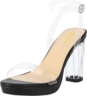 ZriEy 4-Inch Platform Clear High Heels for Women Block Chunky Heeled Sandals Open Toe Ankle Strap Heels Wedding Party Evening Prom Dress Pump Sandal Shoes