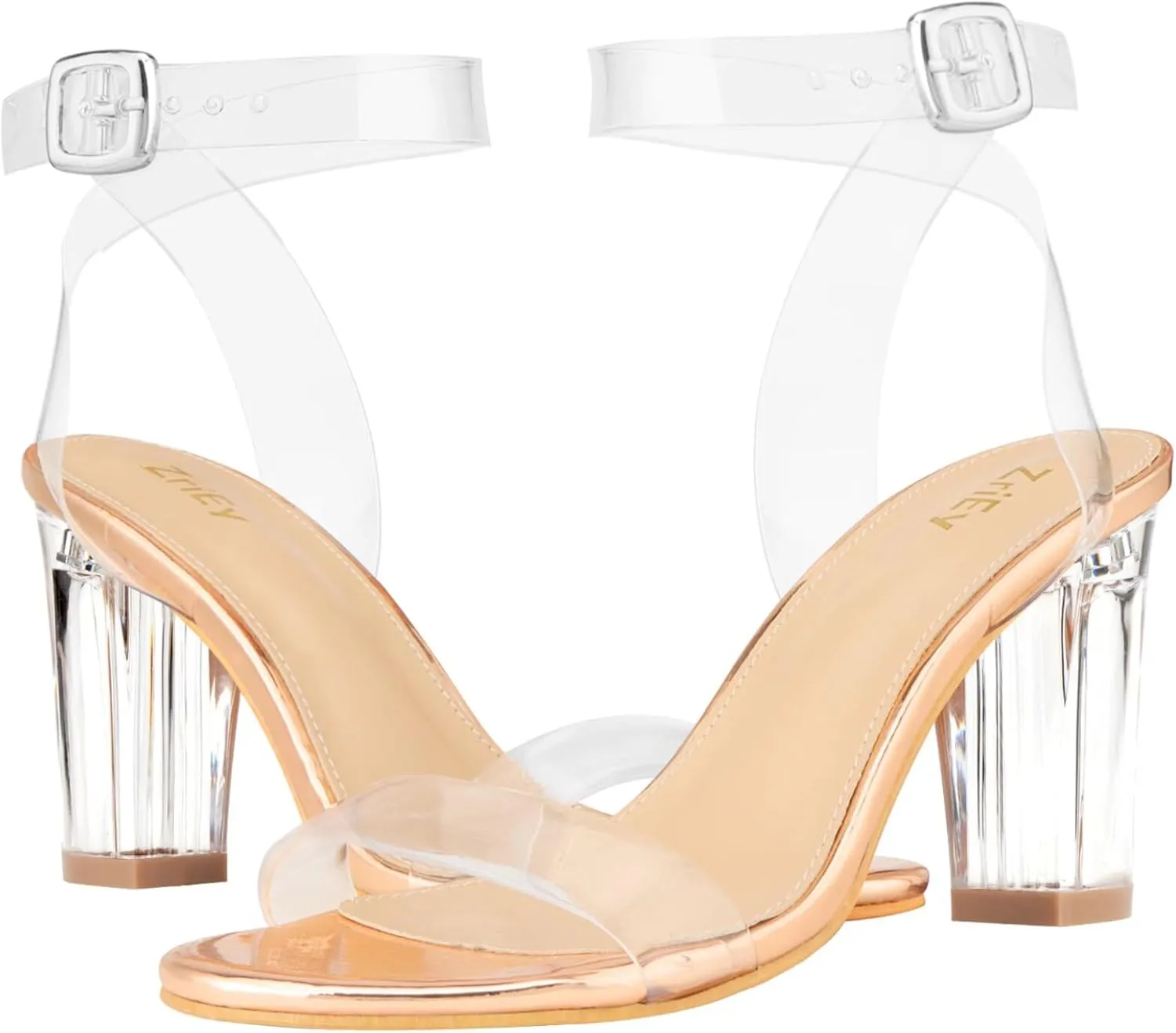 ZriEy Clear Block Sandals Chunky Heels for Women 3.35 Inch Open Toe Adjustable Ankle Strap Pump Sandals for Weddings Parties Daily Wear