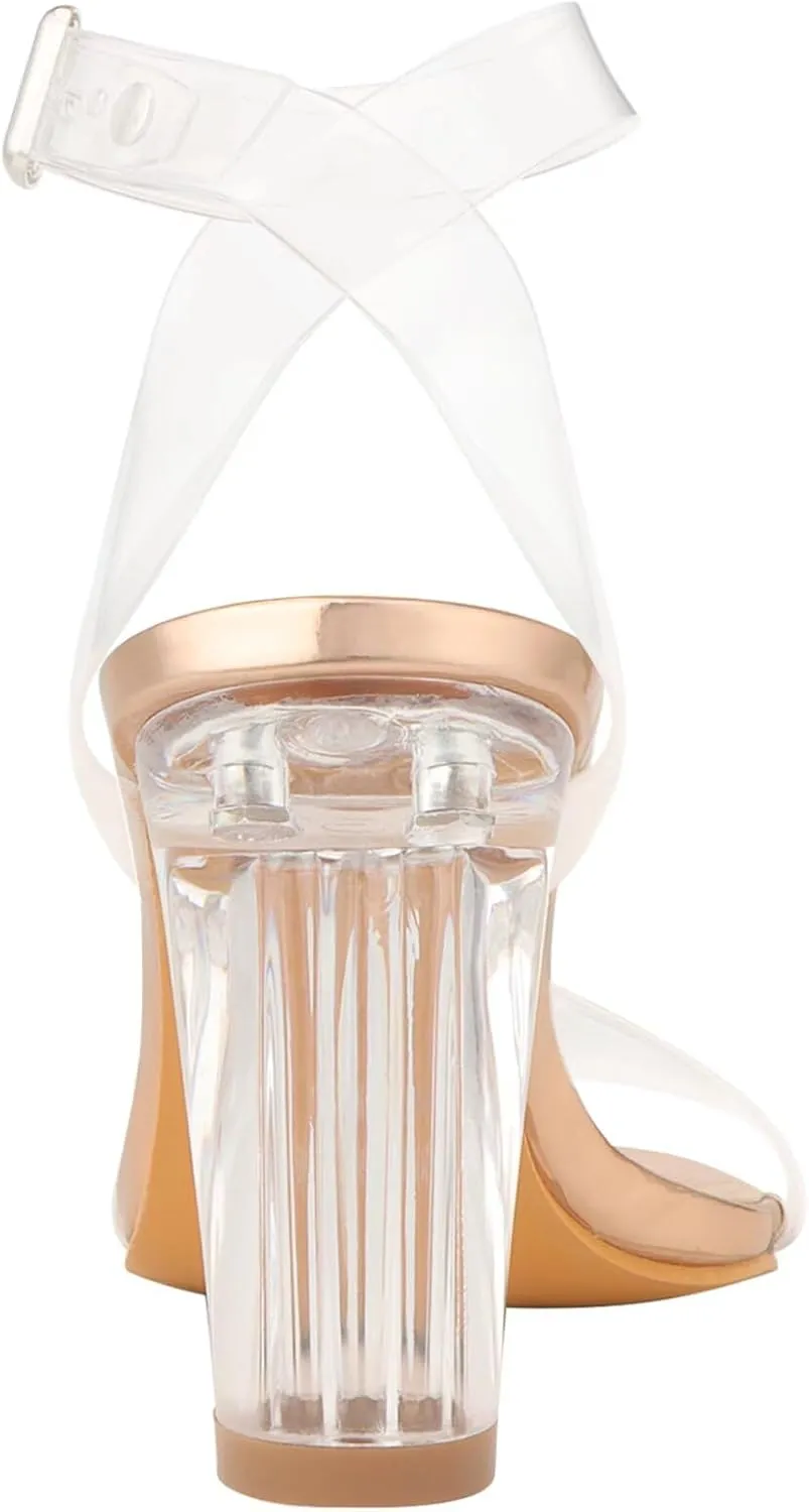 ZriEy Clear Block Sandals Chunky Heels for Women 3.35 Inch Open Toe Adjustable Ankle Strap Pump Sandals for Weddings Parties Daily Wear