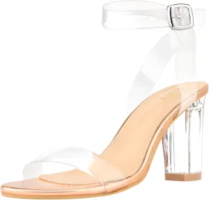 ZriEy Clear Block Sandals Chunky Heels for Women 3.35 Inch Open Toe Adjustable Ankle Strap Pump Sandals for Weddings Parties Daily Wear
