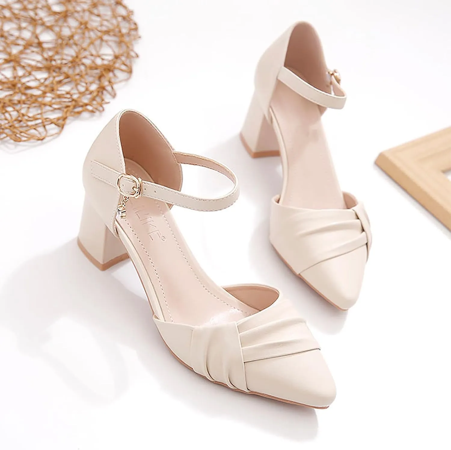 ZSpzx Women's Pointed Toe Low Chunky Heels Closed Toe Ankle Strap Dress Sandals Low Block Ankle Strap Chunky Women Sandals Comfortable Wedding Party Shoes