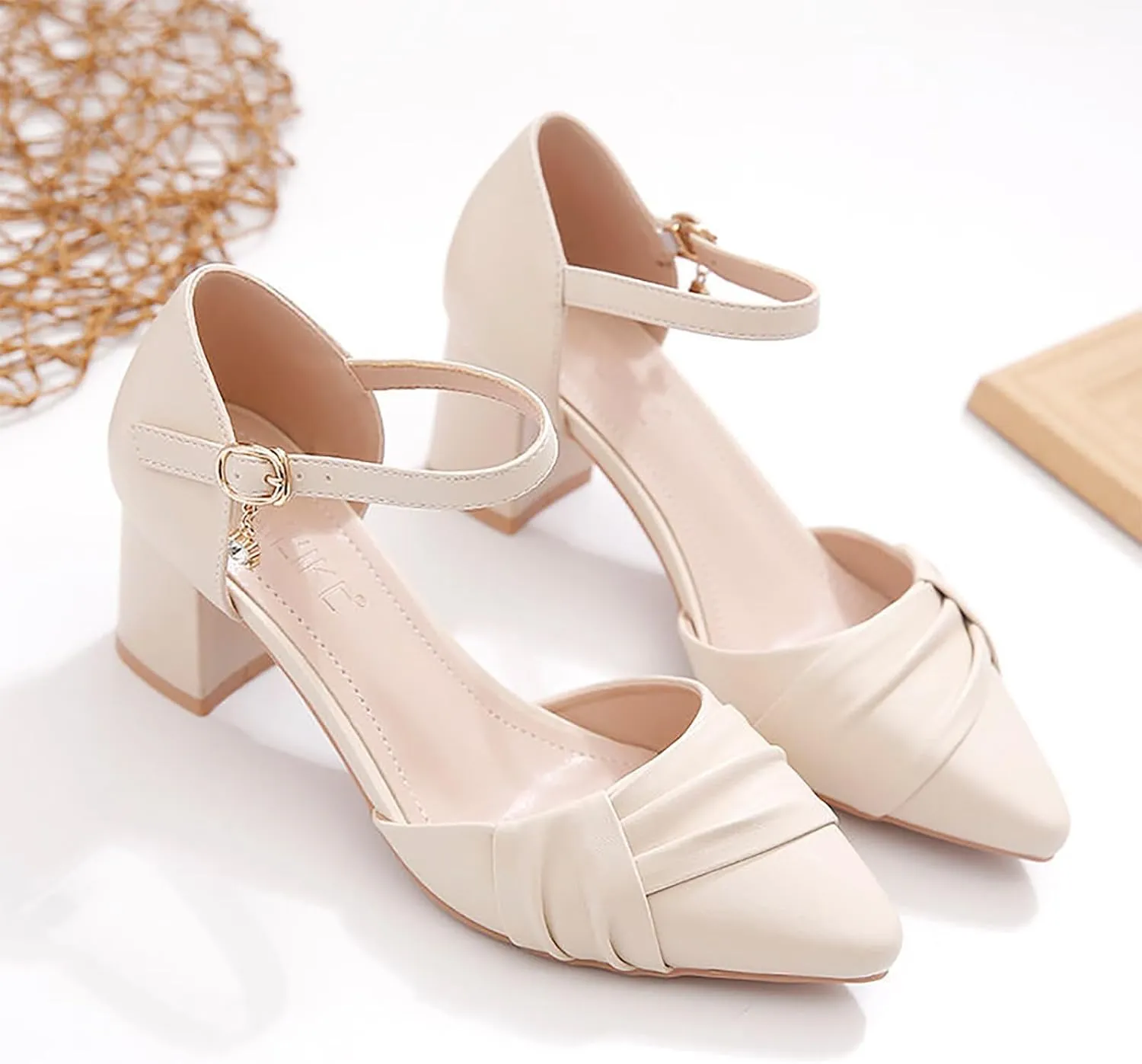ZSpzx Women's Pointed Toe Low Chunky Heels Closed Toe Ankle Strap Dress Sandals Low Block Ankle Strap Chunky Women Sandals Comfortable Wedding Party Shoes