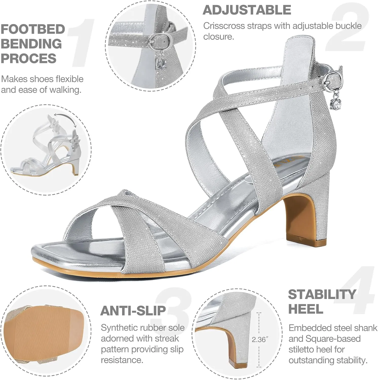 ZURIN Womens Chunky Low Heels Comfortable Open Toe Ankle Strap Heeled Sandals Strappy Block Heels Dress Shoes for Wedding Bridal Evening Party Prom