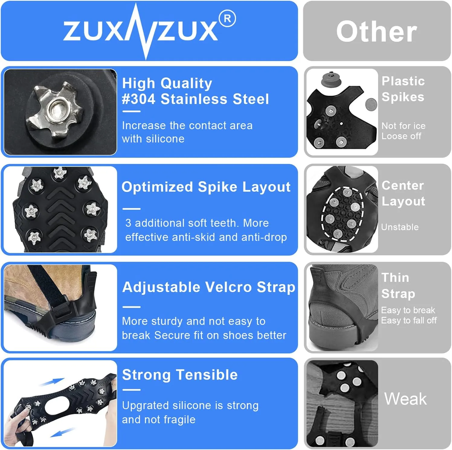 ZUXNZUX Crampons, Ice Cleats for Shoes and Boots, Silicone Stainless Steel Grippers Shoe Spikes Grips Traction for Snow, Winter Hiking Climbing Ice Fishing